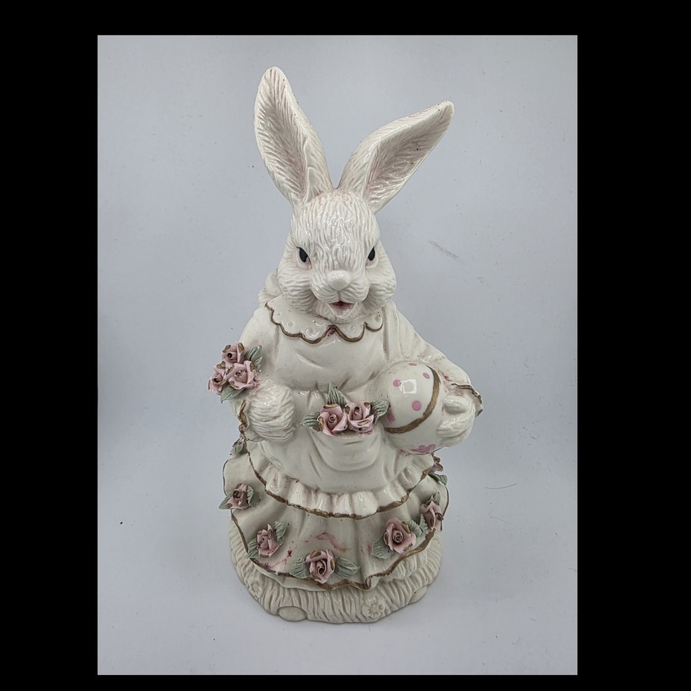 Vintage Easter Bunny Rabbit Figurine Music Box Ceramic Floral Dress Basket Eggs